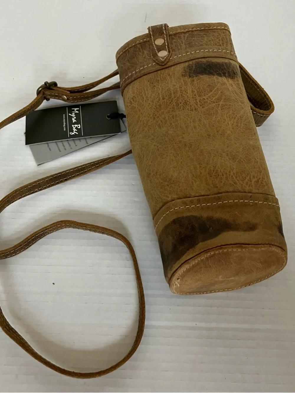 Myra Bag Wine‎ Bottle Tote Leather Strap Accent Tan Distressed New